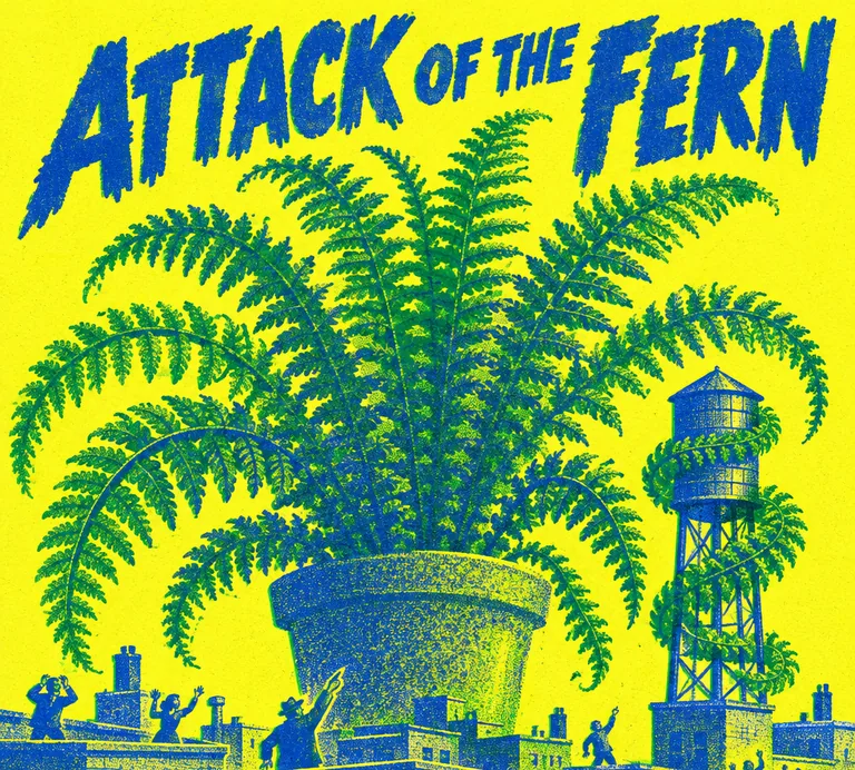 Yellow and blue risograph poster of a giant fern looming over a tiny city, titled ATTACK OF THE FERN