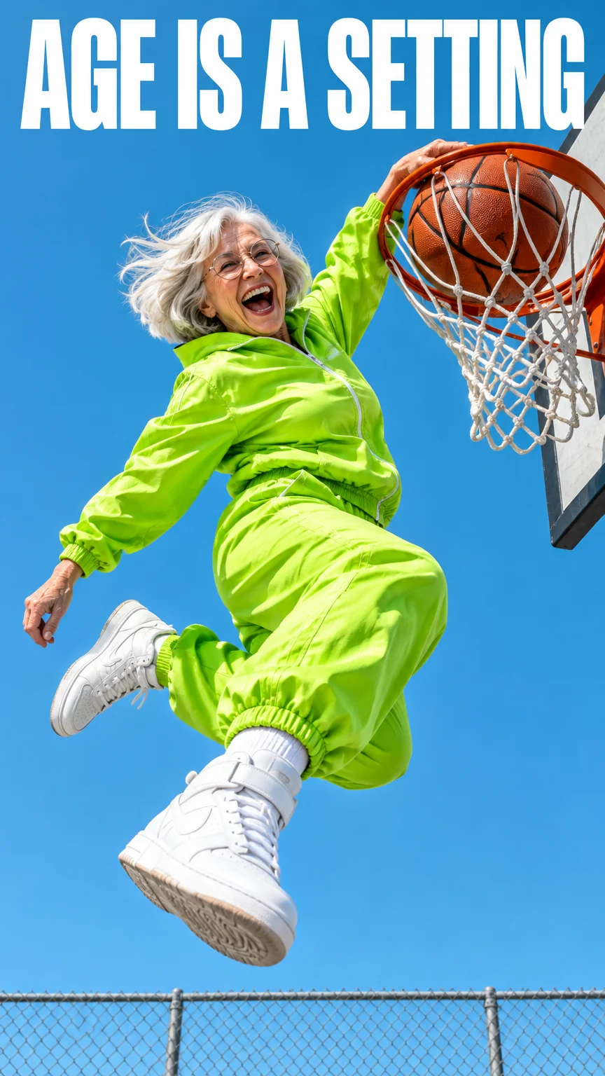 Vertical photo of a grandmother in a lime tracksuit dunking a basketball under the headline AGE IS A SETTING