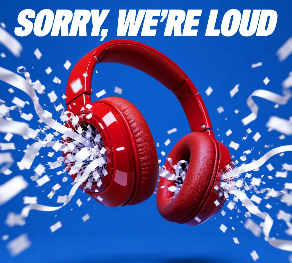 Red headphones bursting with white confetti on a cobalt background under the headline SORRY, WE'RE LOUD