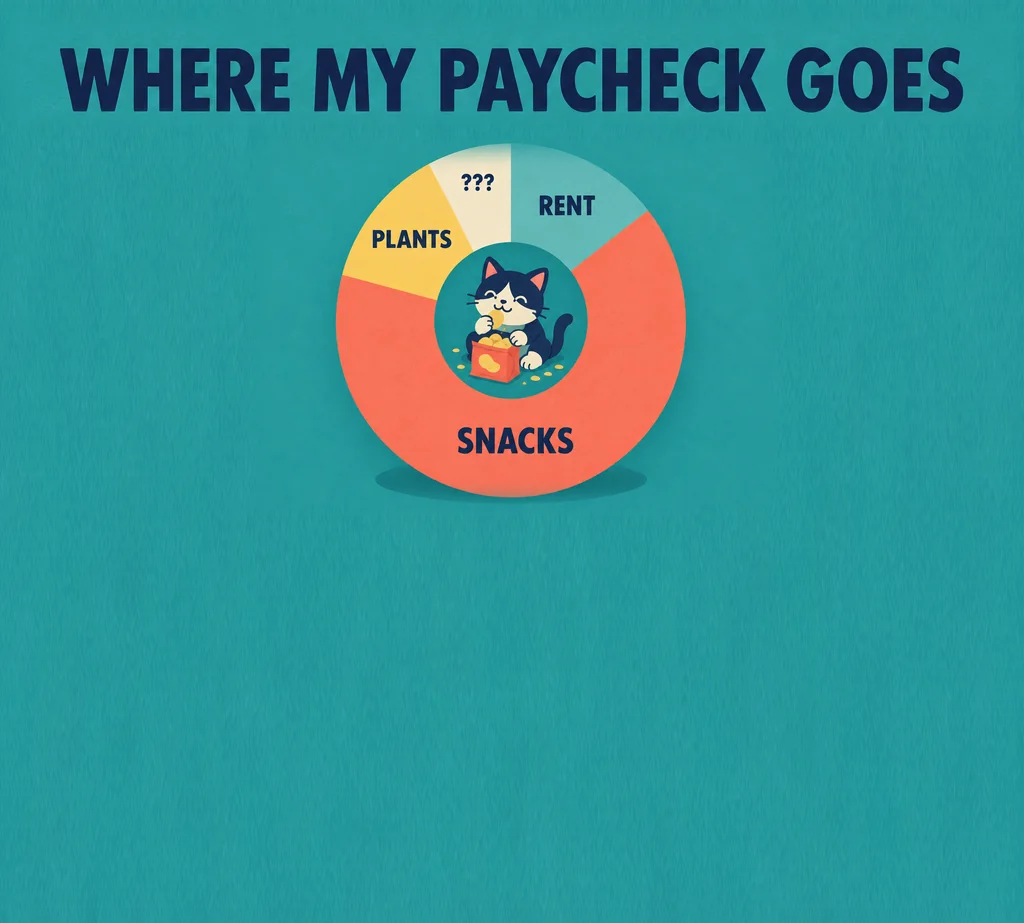 Teal donut chart titled WHERE MY PAYCHECK GOES with slices for rent, snacks, plants and question marks, and a cat in the middle