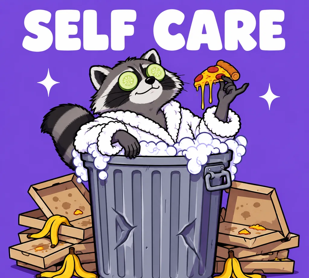 Cartoon raccoon in a bathrobe lounging in a trash can with pizza under the caption SELF CARE