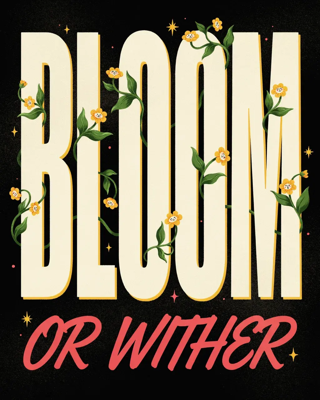 Official Ideogram 4.0 generation example: black, cream, and green typographic poster with face-flowers growing from condensed letters