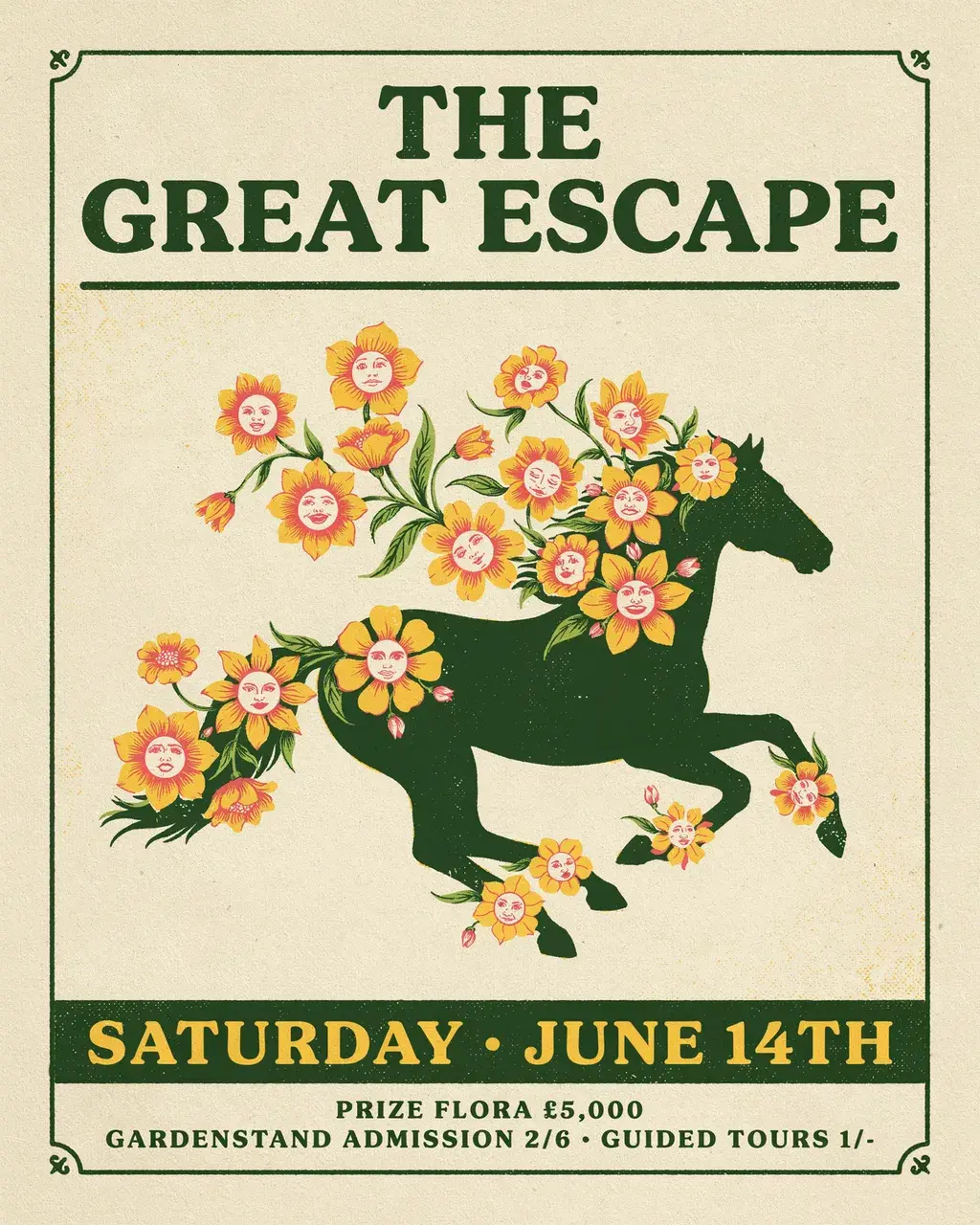 Official Ideogram 4.0 generation example: vintage event poster with a galloping horse silhouette and face-flowers in forest green, yellow, cream, and coral