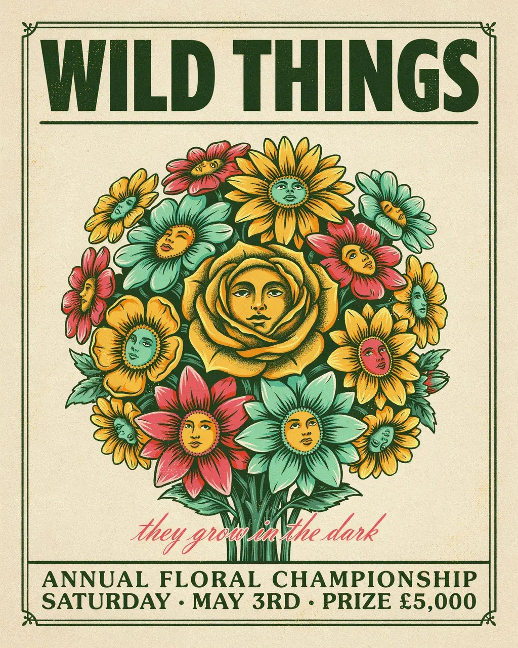 Official Ideogram 4.0 generation example: vintage botanical poster with a face-flower bouquet on an aged cream background