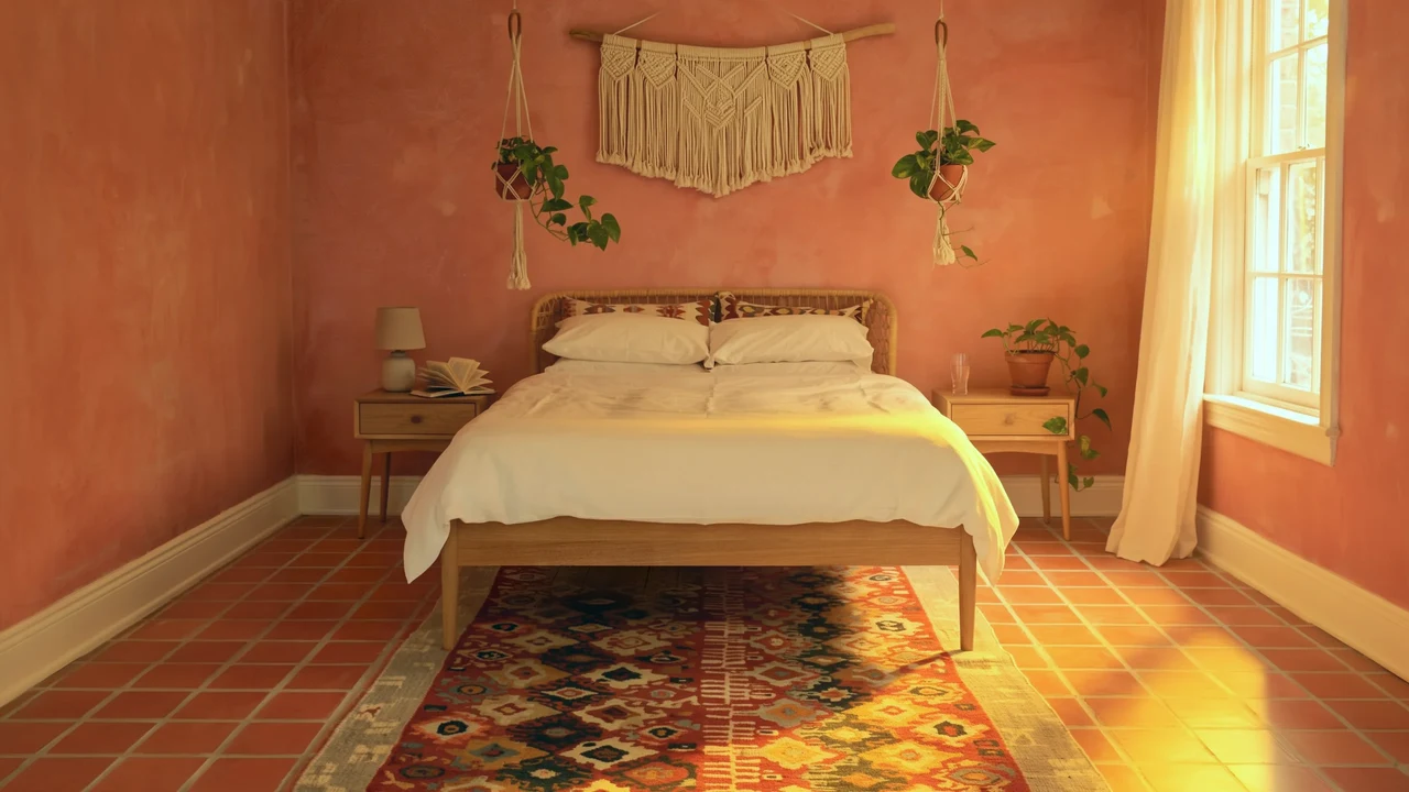 Official Ideogram example: a bohemian bedroom with terracotta walls, a macrame hanging, and a patterned rug