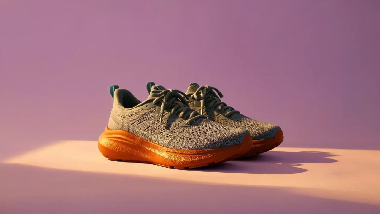 Official Ideogram example: gray knit running shoes with orange soles on a mauve studio backdrop