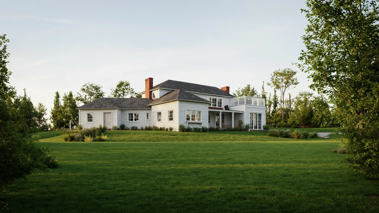 Official Ideogram sketch-to-image example: a photoreal white country house on a lawn beneath trees and a blue sky
