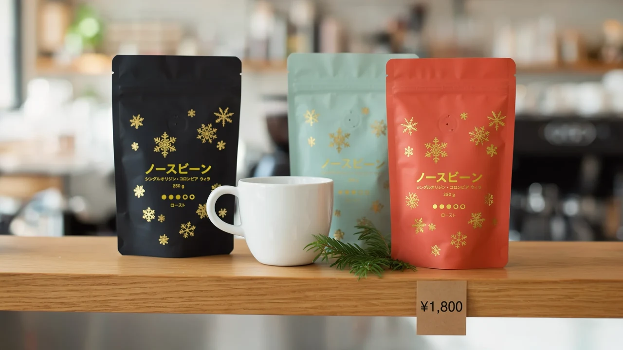 Official Ideogram example: black, mint, and red coffee packages with Japanese lettering, a white mug, and a yen price card