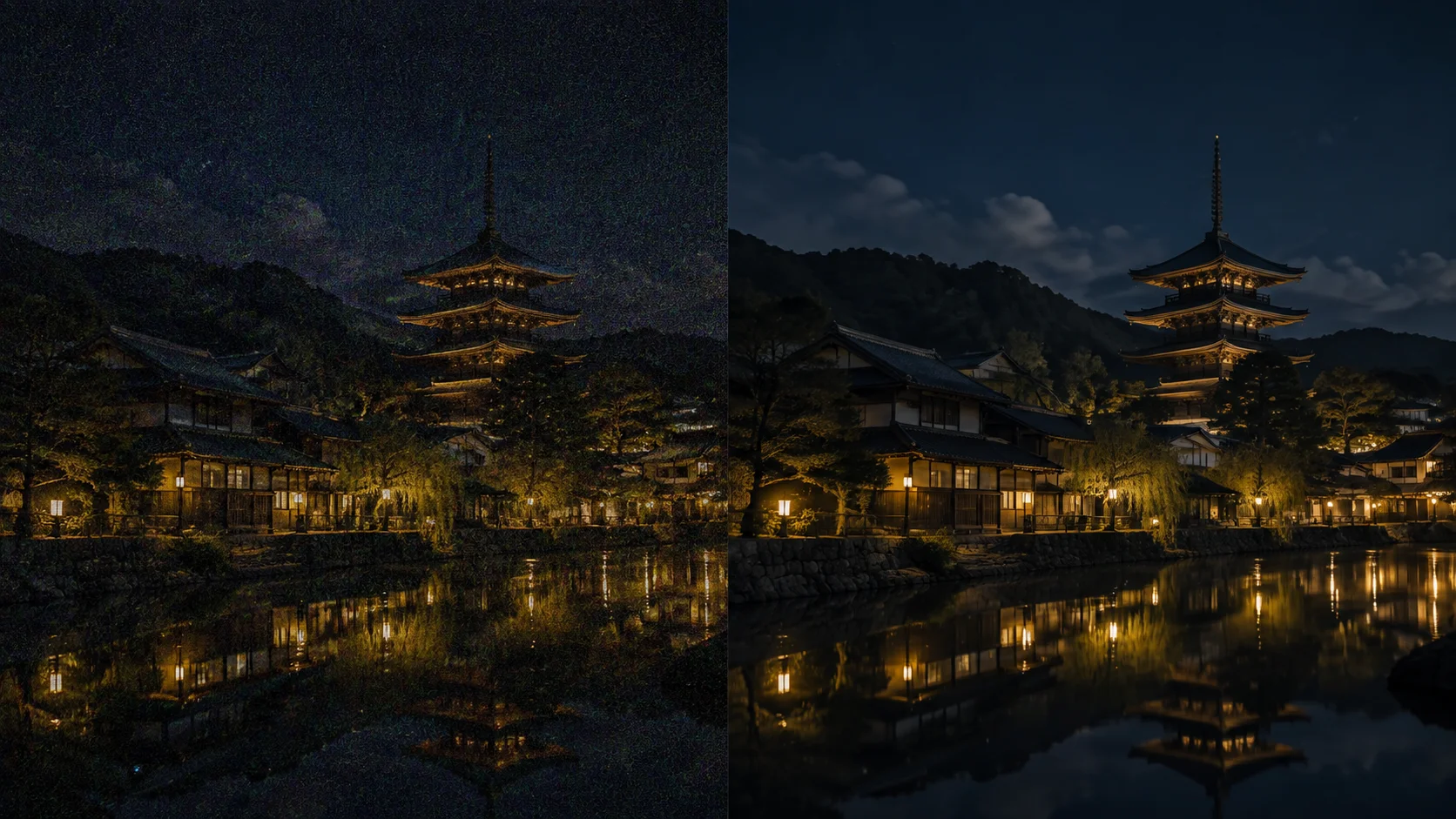 Night photo with noise removed and detail preserved