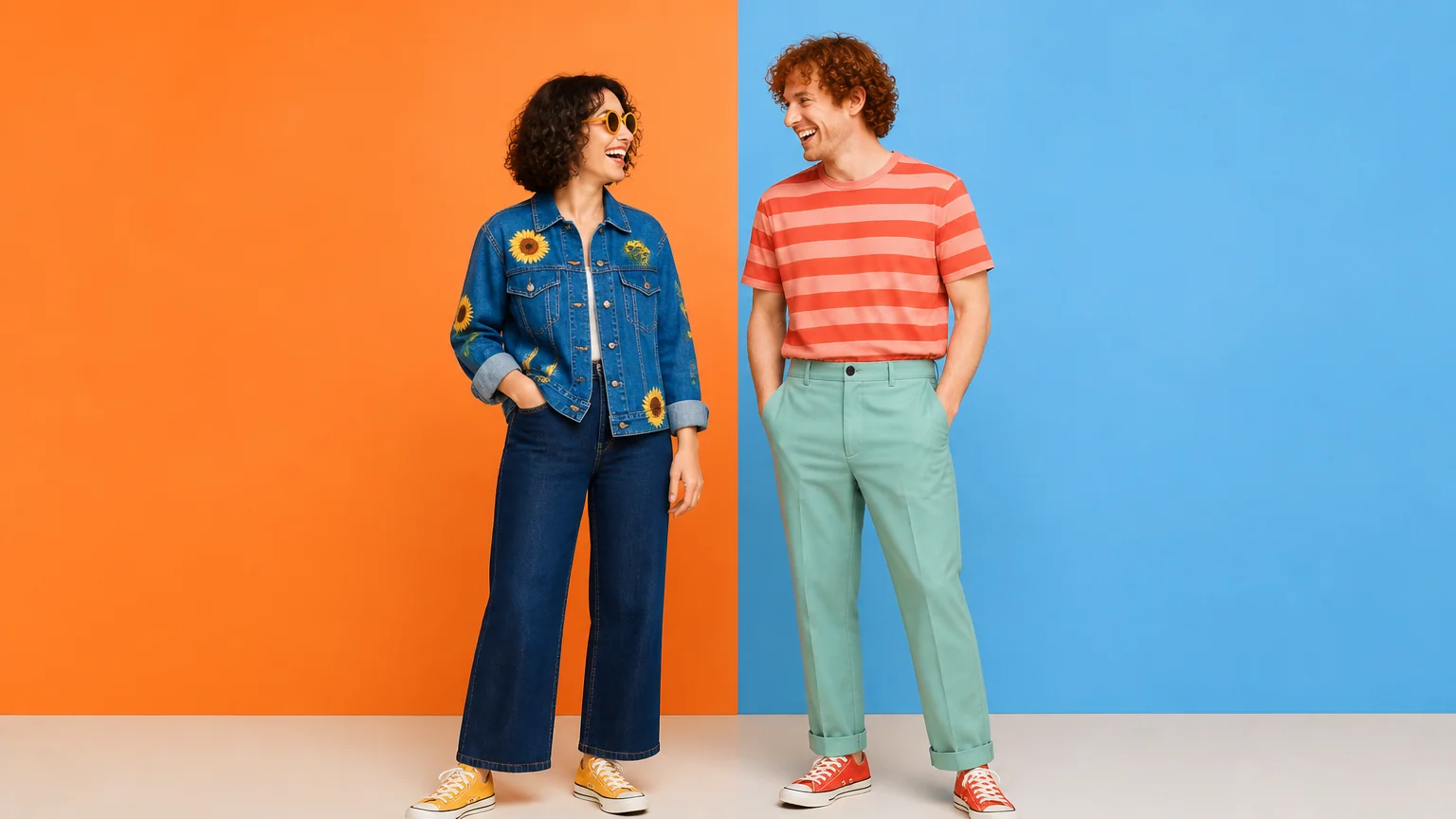 Two friends, one in a sunflower denim jacket and one in a coral striped shirt, in front of tangerine and sky-blue color blocks