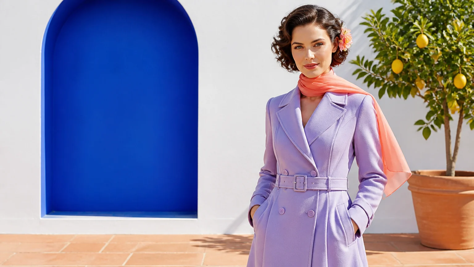 Woman in a lilac coat and coral scarf beside a cobalt arch on a sunlit white wall