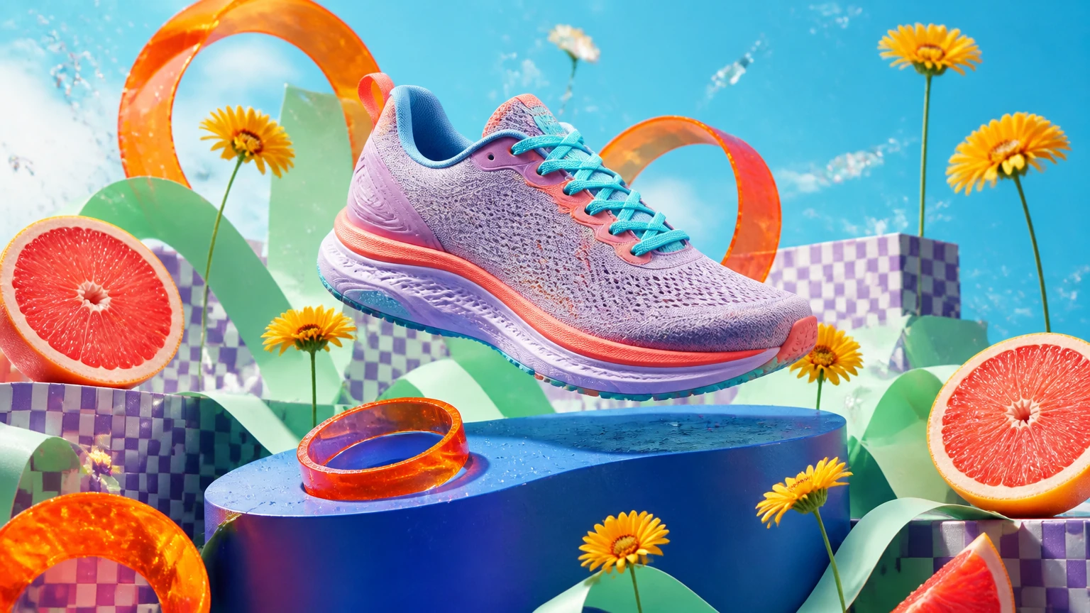 Lilac and coral running shoe with turquoise laces floating above a cobalt podium among citrus and daisies