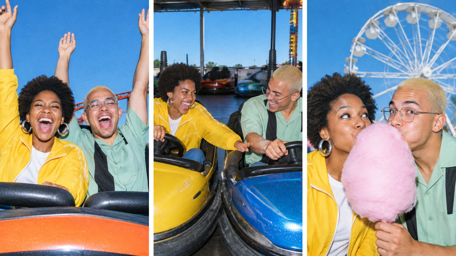 Three photos of the same couple on a roller coaster, in bumper cars and sharing cotton candy