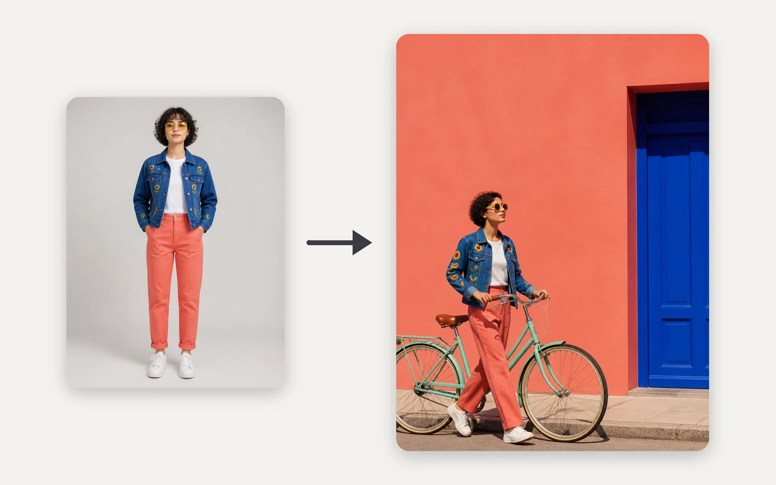 Left: full-length reference of a woman in a sunflower denim jacket and coral trousers. Right: the same outfit walking a mint bicycle past a coral wall.