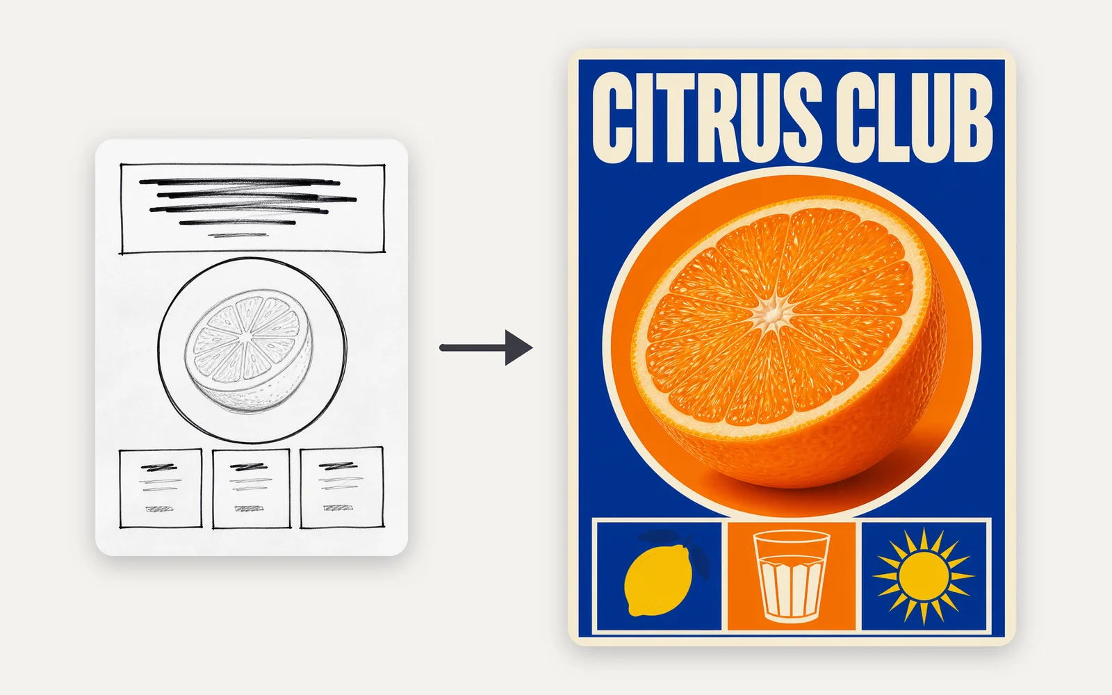 Left: pencil layout sketch with a headline band, a circle with an orange and three boxes. Right: CITRUS CLUB poster with the same layout in cobalt, orange and cream.