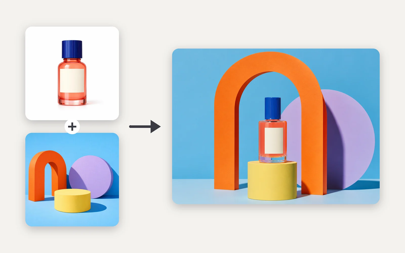 Left: a coral serum bottle on white and a set with an orange arch, lilac circle and yellow pedestal. Right: the bottle standing on the pedestal inside that set.