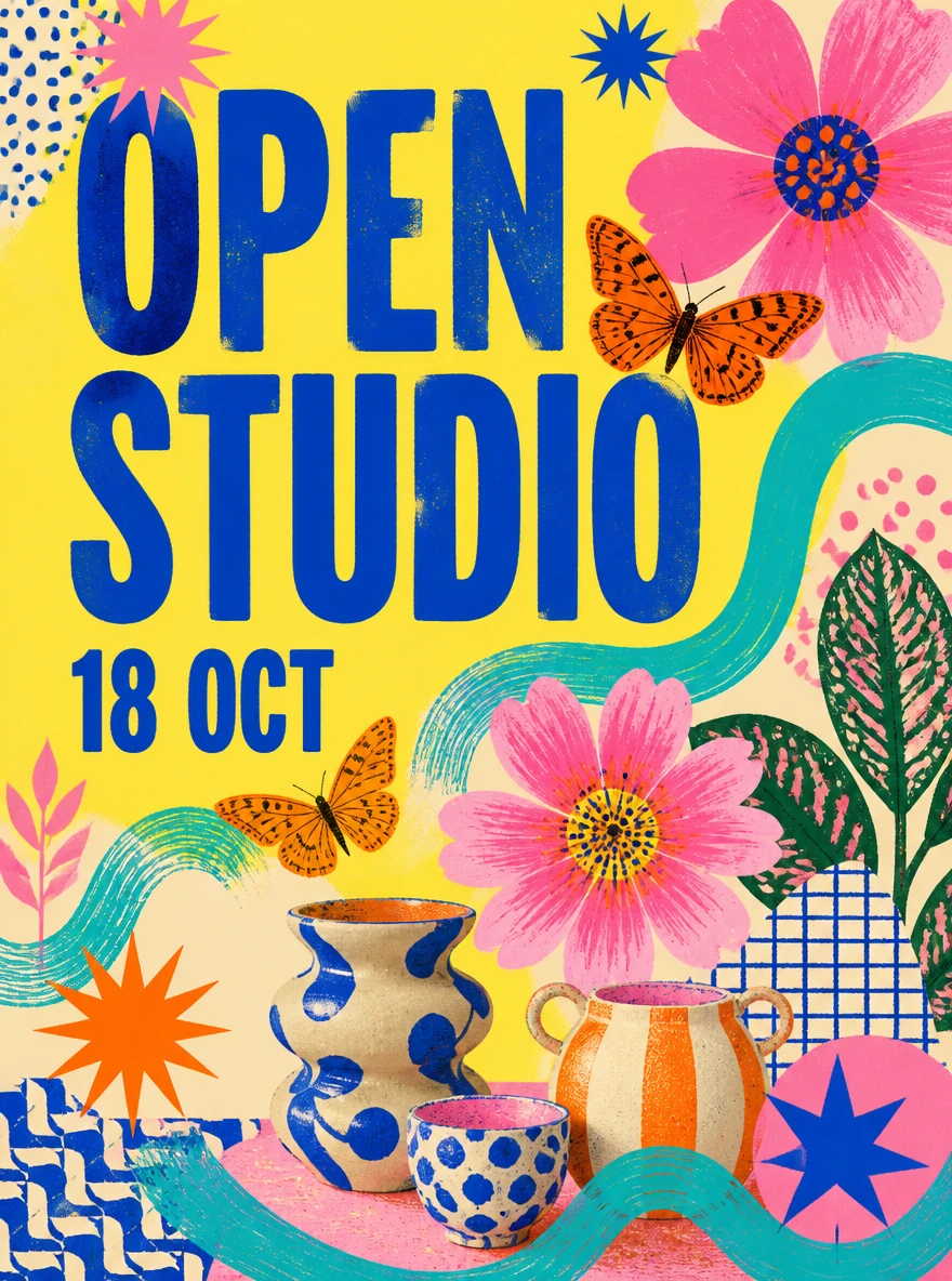 Yellow OPEN STUDIO poster with an 18 OCT date, pink flowers and orange butterflies