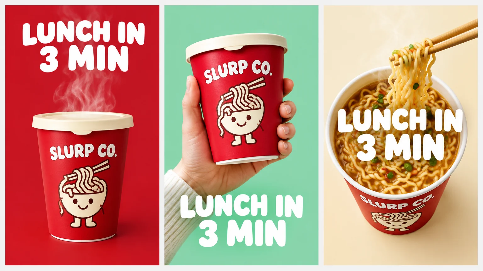 同一杯红色 SLURP CO. 杯面的三版竖版广告,标题都是 LUNCH IN 3 MIN,版式各不相同