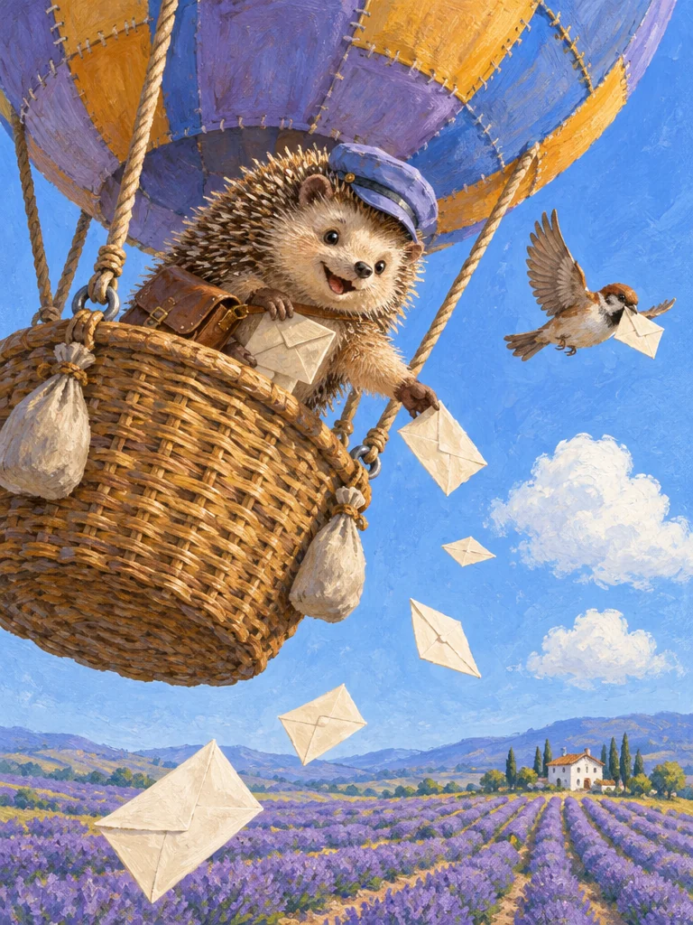 Gouache illustration of a hedgehog postman tossing letters from a hot-air balloon over lavender fields