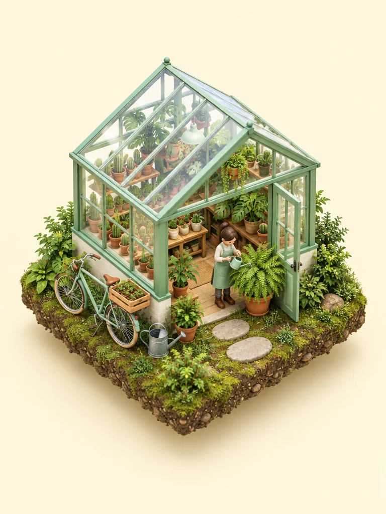 Isometric miniature of a glass greenhouse plant shop on a floating tile, a tiny shopkeeper watering ferns