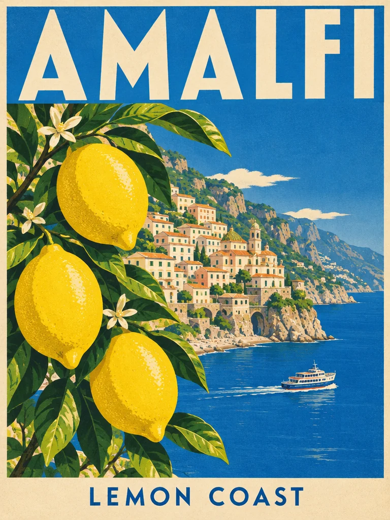 Retro AMALFI LEMON COAST travel poster: a lemon branch framing cliffside houses above a blue bay