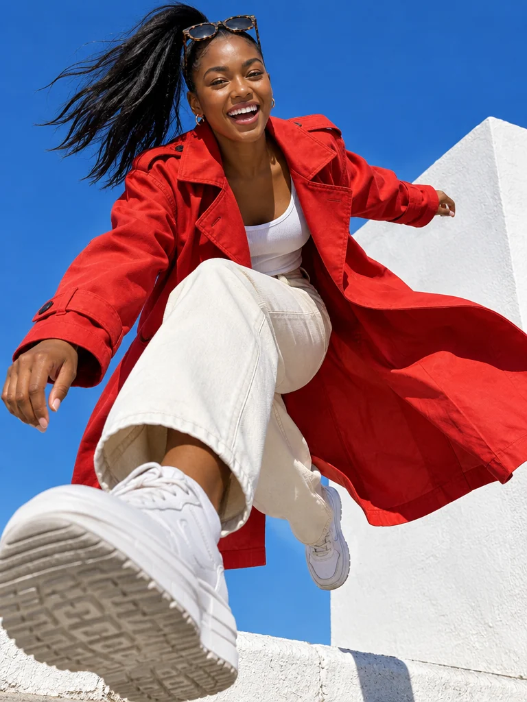 Laughing woman in a tomato-red trench coat leaping off a white curb toward the camera under a cobalt sky
