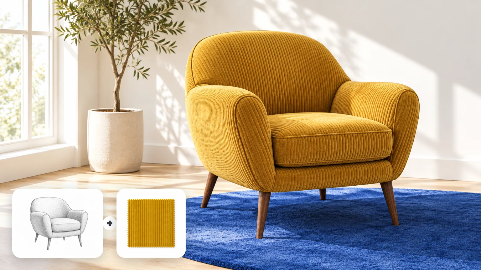Mustard corduroy armchair in a sunlit living room; corner cards show the pencil sketch and the fabric swatch behind it