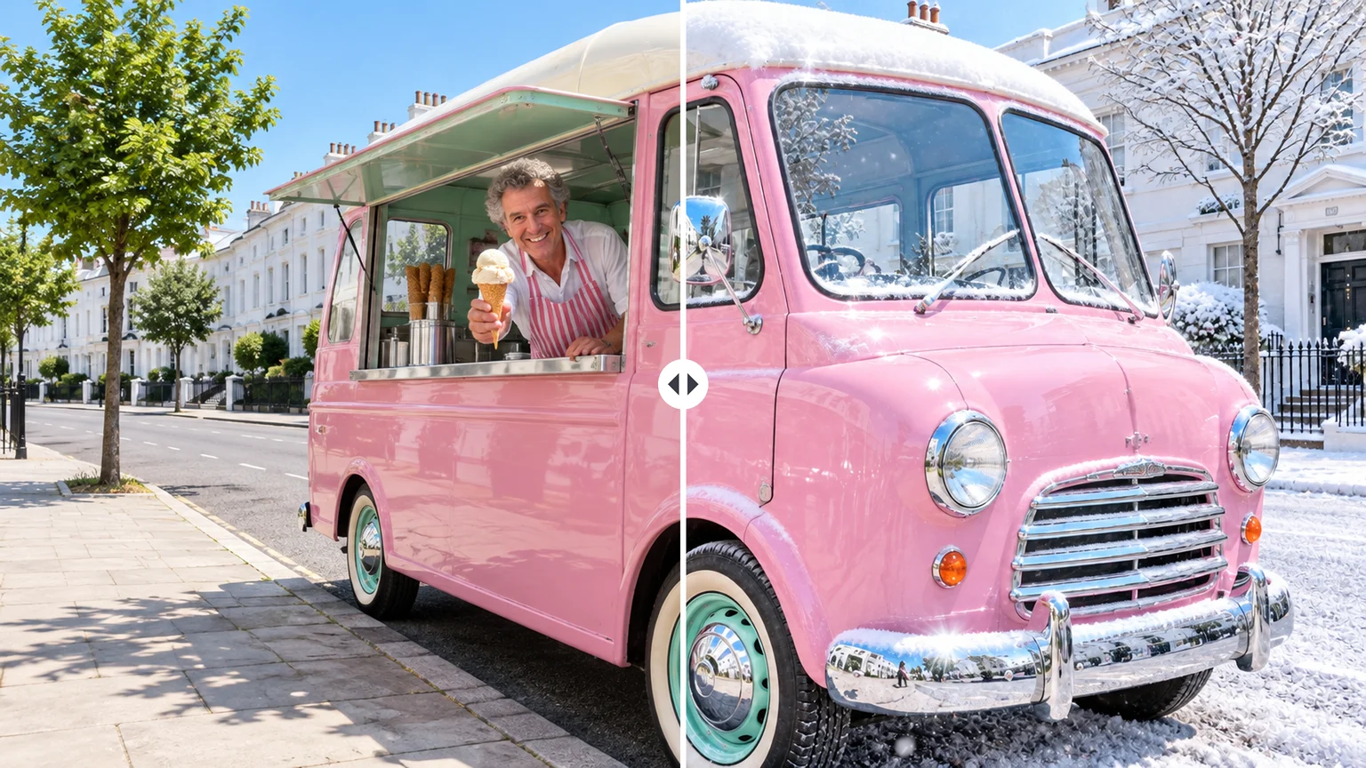 Split view of a pink ice-cream van on a summer street and the same van after a winter edit