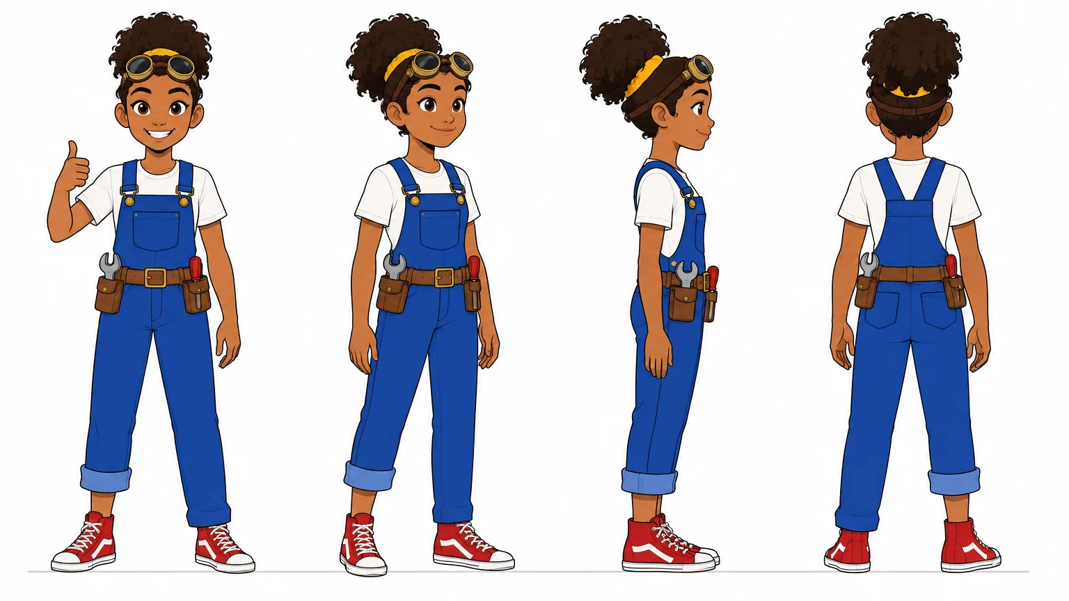 2D model sheet of a teenage inventor with brass goggles and blue overalls in front, three-quarter, side and back views