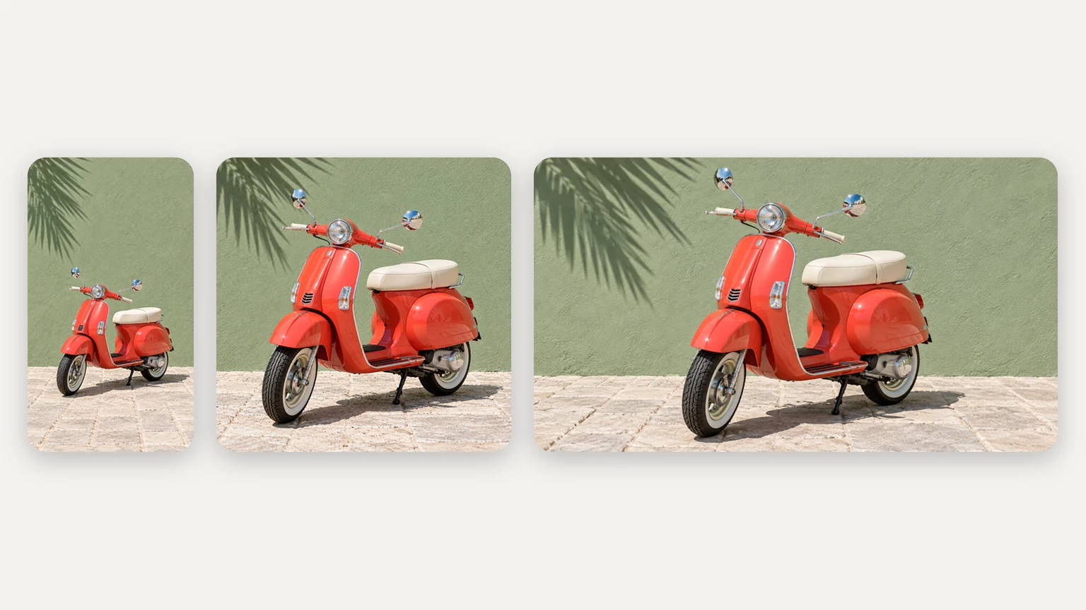 One coral scooter photo in three versions side by side: tall 9:16, square 1:1 and wide 16:9, same angle and light