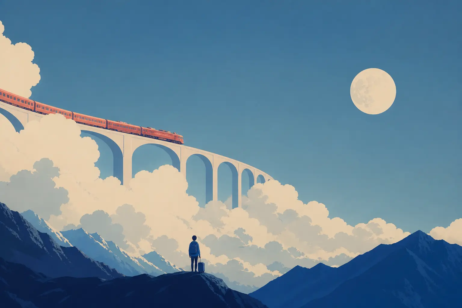 Surreal train crossing a cloud bridge