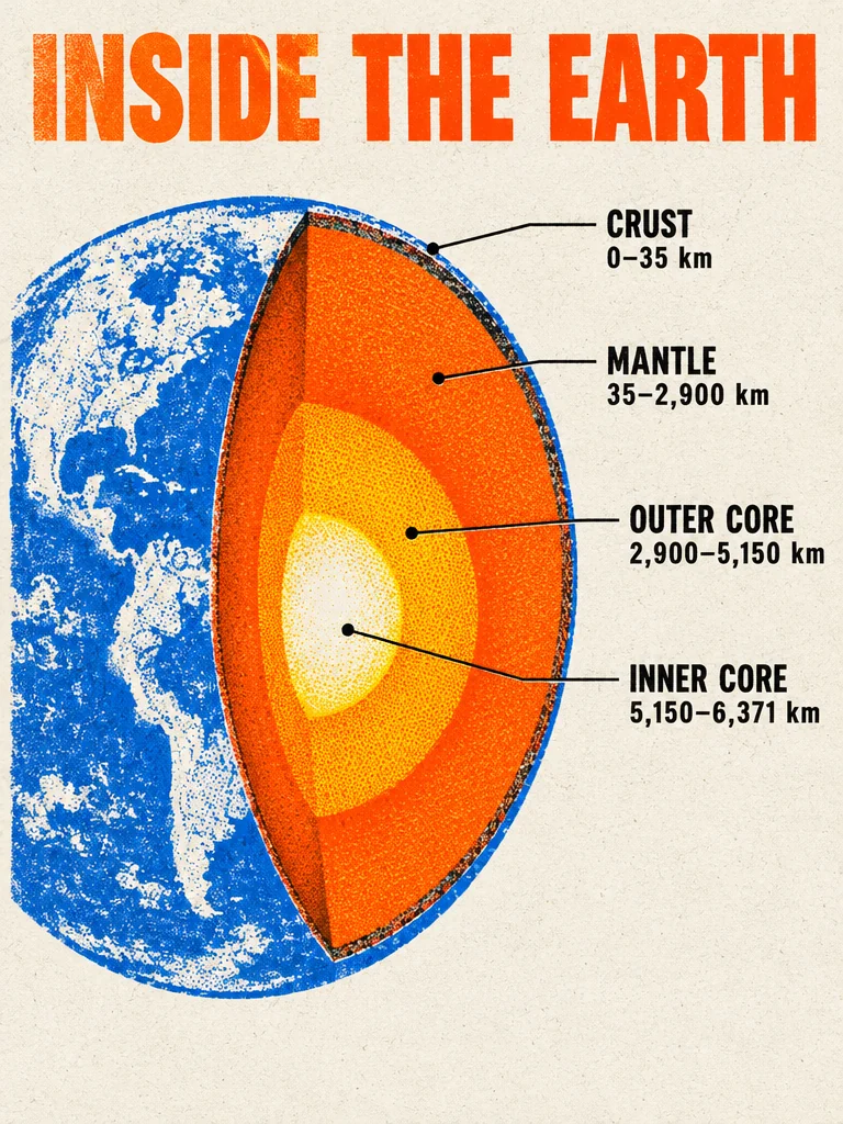 Risograph poster titled INSIDE THE EARTH: a globe cut open to show the crust, mantle, outer core and inner core, each labeled with its depth in kilometers