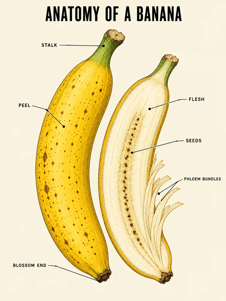 Scientific plate titled ANATOMY OF A BANANA: a whole banana and a lengthwise slice with labels for peel, flesh, seeds, phloem bundles, stalk and blossom end