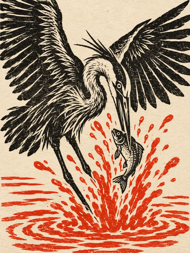 Black and red linocut of a heron with spread wings snatching a fish from red water