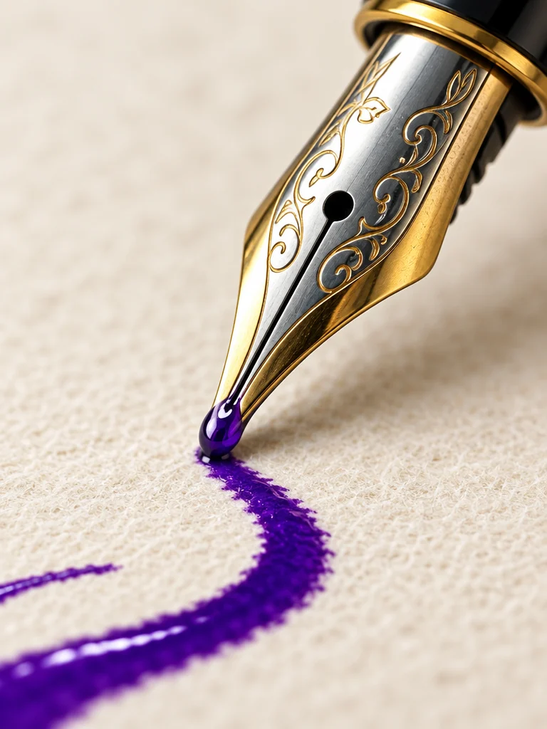 Macro photo of an engraved fountain pen nib drawing a wet violet ink line on cream paper