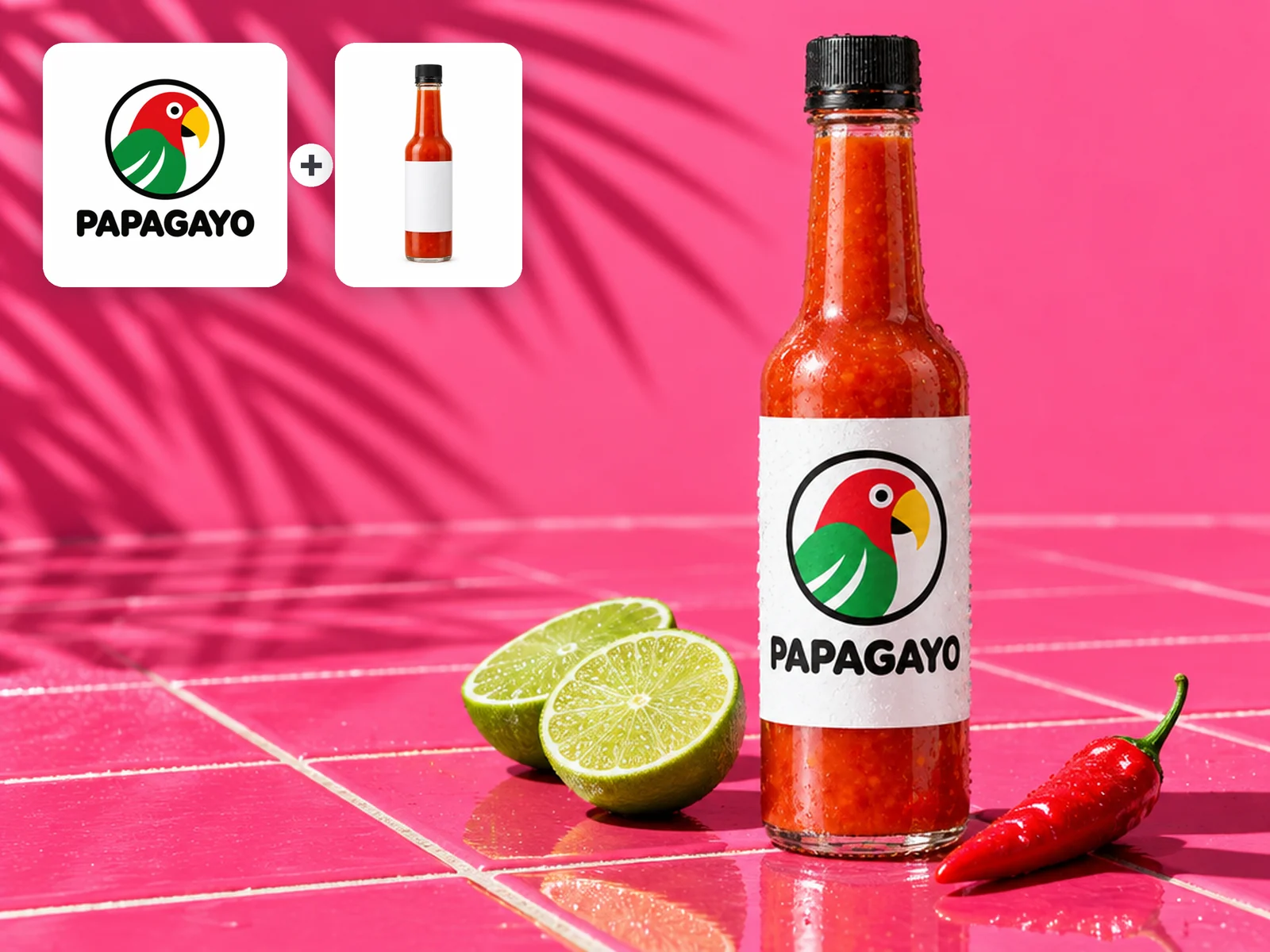 Hot-sauce bottle with a PAPAGAYO parrot label on a hot-pink tile counter beside limes and a chili; corner cards show the logo and the blank bottle used as references