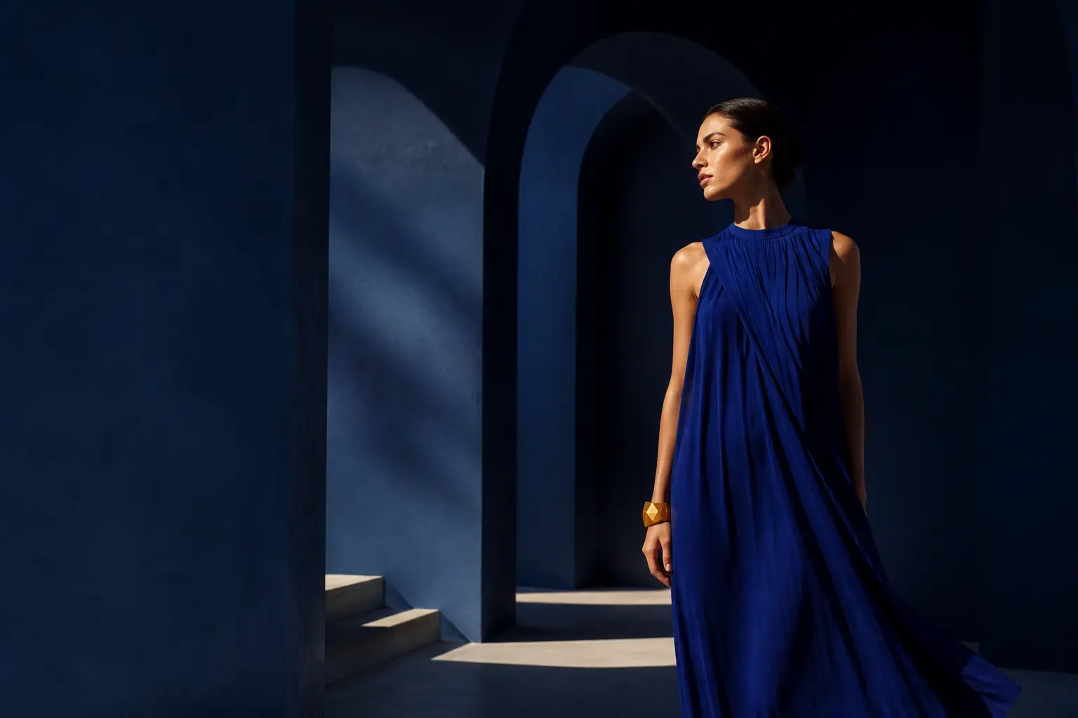 Art-directed cobalt fashion scene