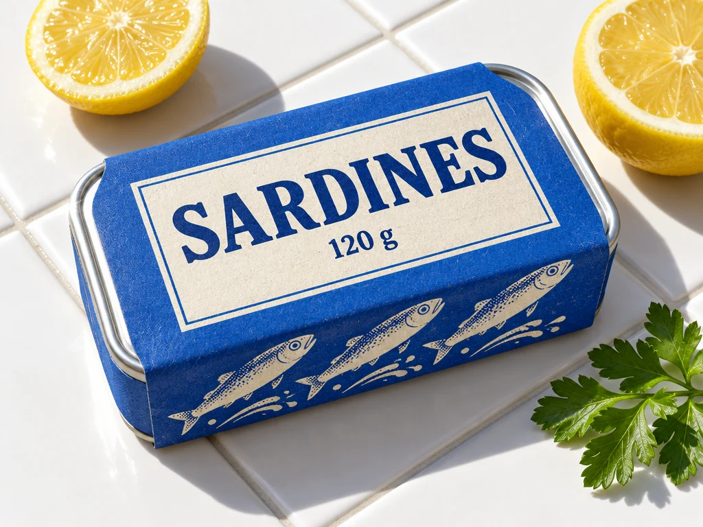 白瓷砖桌面上的钴蓝色沙丁鱼罐头,米色标签写着 SARDINES 和 120 g