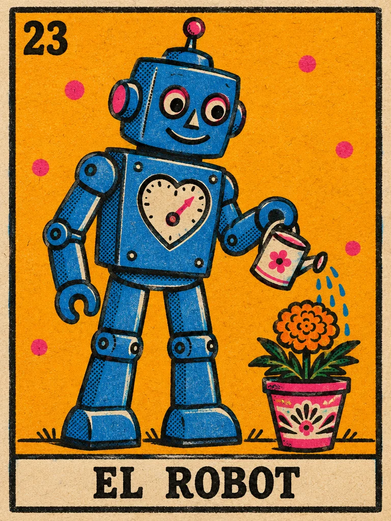 铁皮机器人给万寿菊浇水的民间风格游戏卡,卡名 EL ROBOT