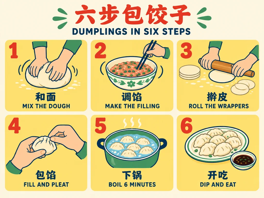 中英双语六格教学卡,标题为“六步包饺子”和 DUMPLINGS IN SIX STEPS,每格画出一个步骤并配中英文说明