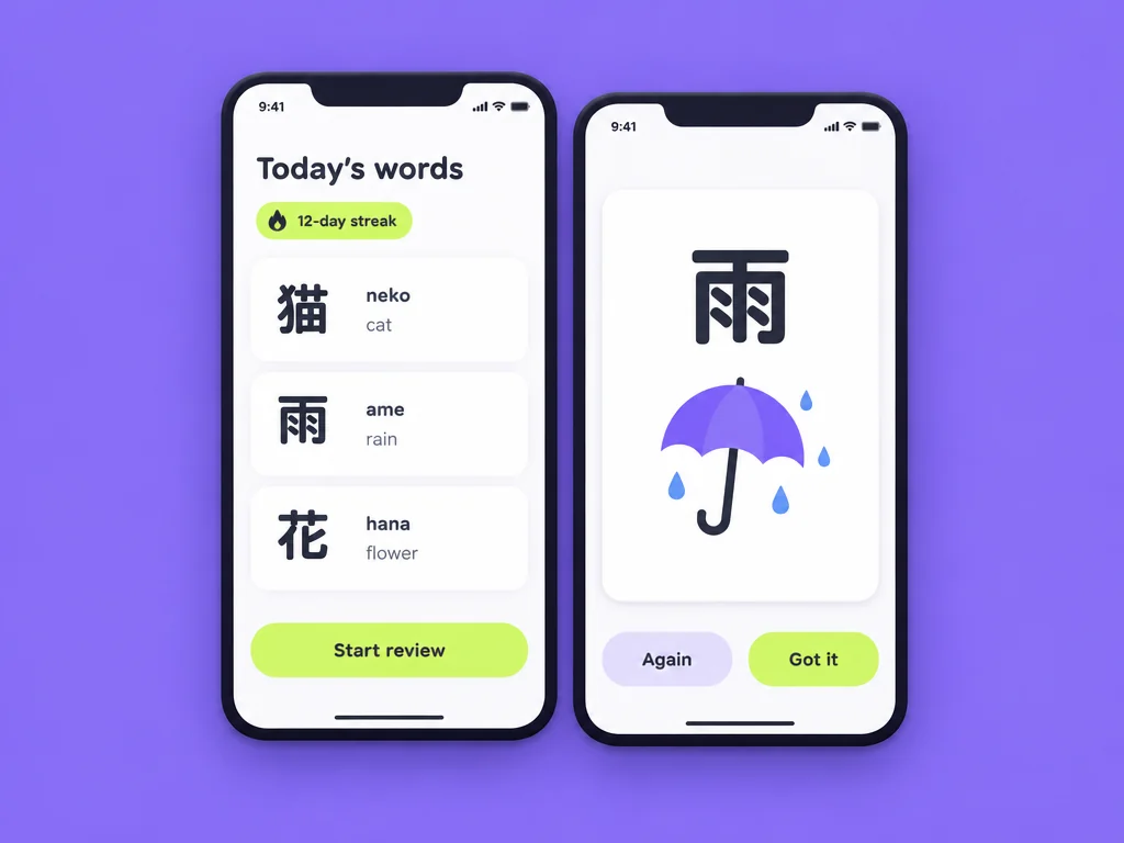 紫色背景上的日语单词卡 App 两屏:列出 猫、雨、花 的单词列表,以及一张“雨”的单词卡