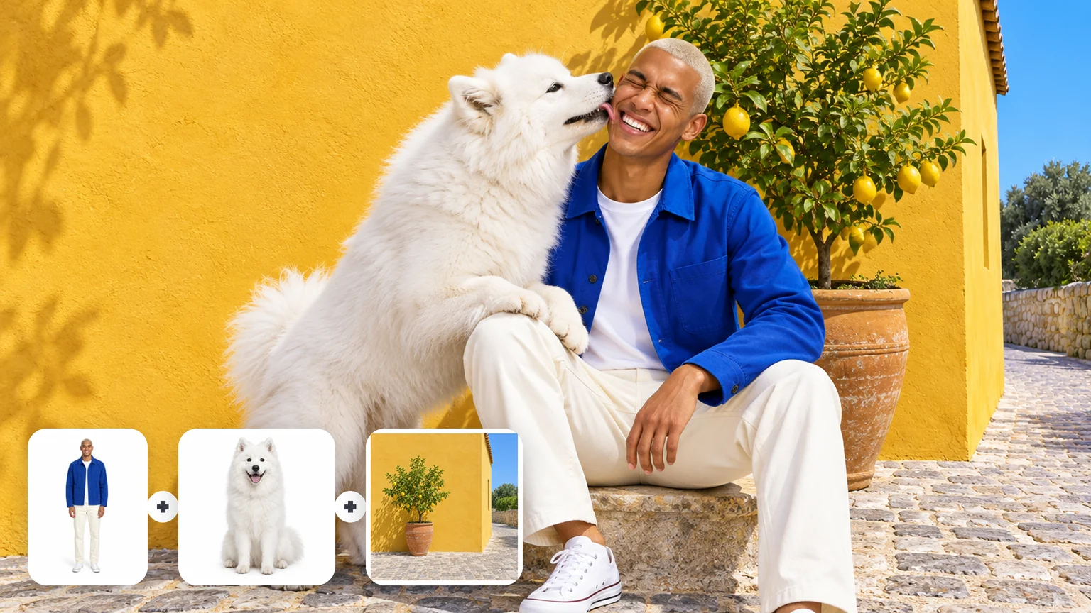 Reference photos of a man, a white dog and a yellow wall combined into one sunny portrait
