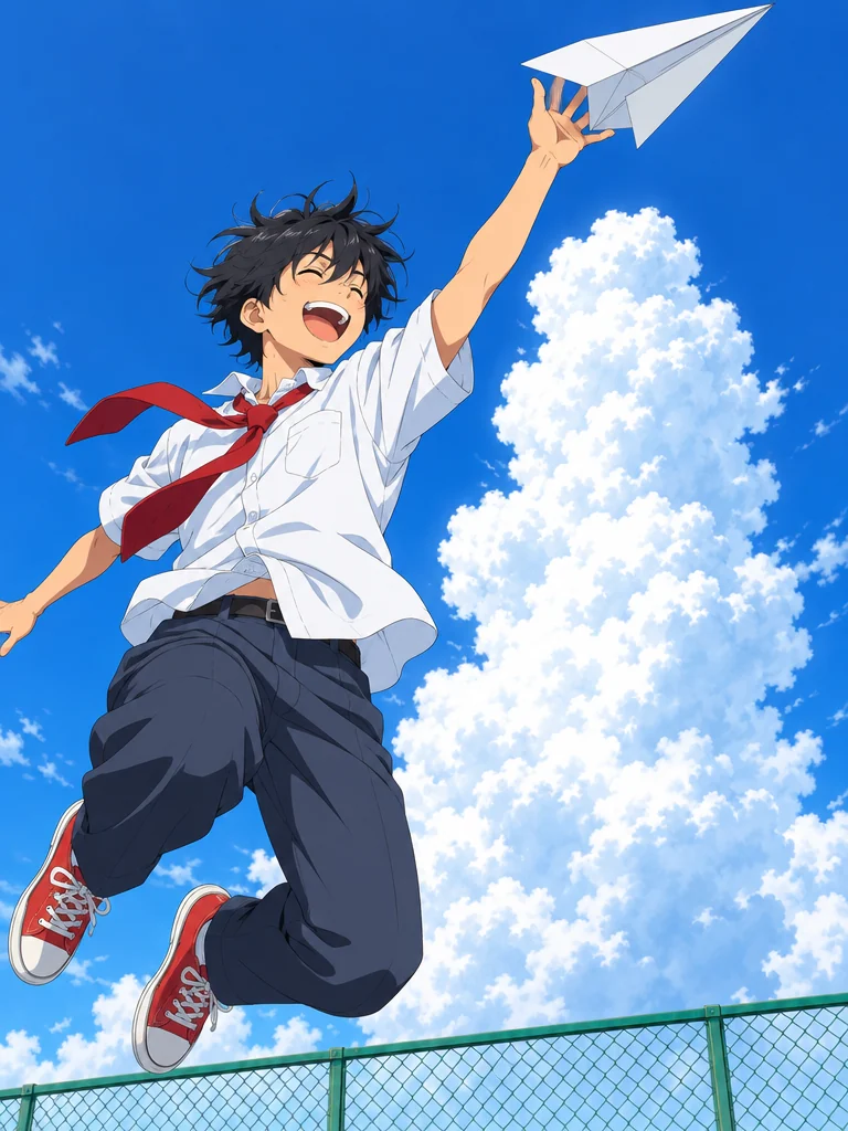 Anime-style schoolboy with a red tie jumping on a rooftop to catch a paper airplane under a summer sky