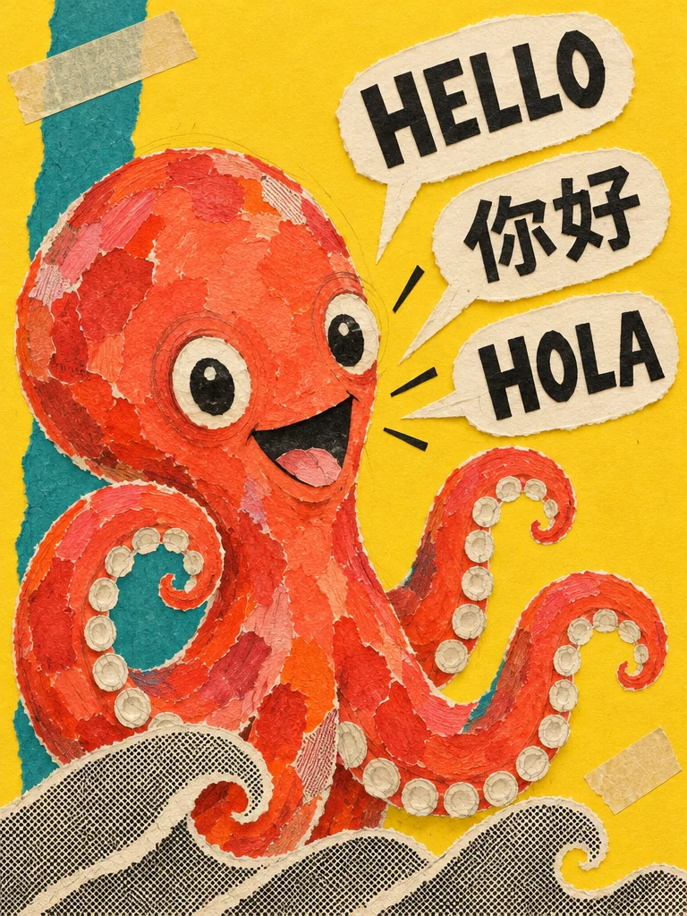 Torn-paper collage of a coral-red octopus with speech bubbles reading HELLO, 你好 and HOLA on yellow paper