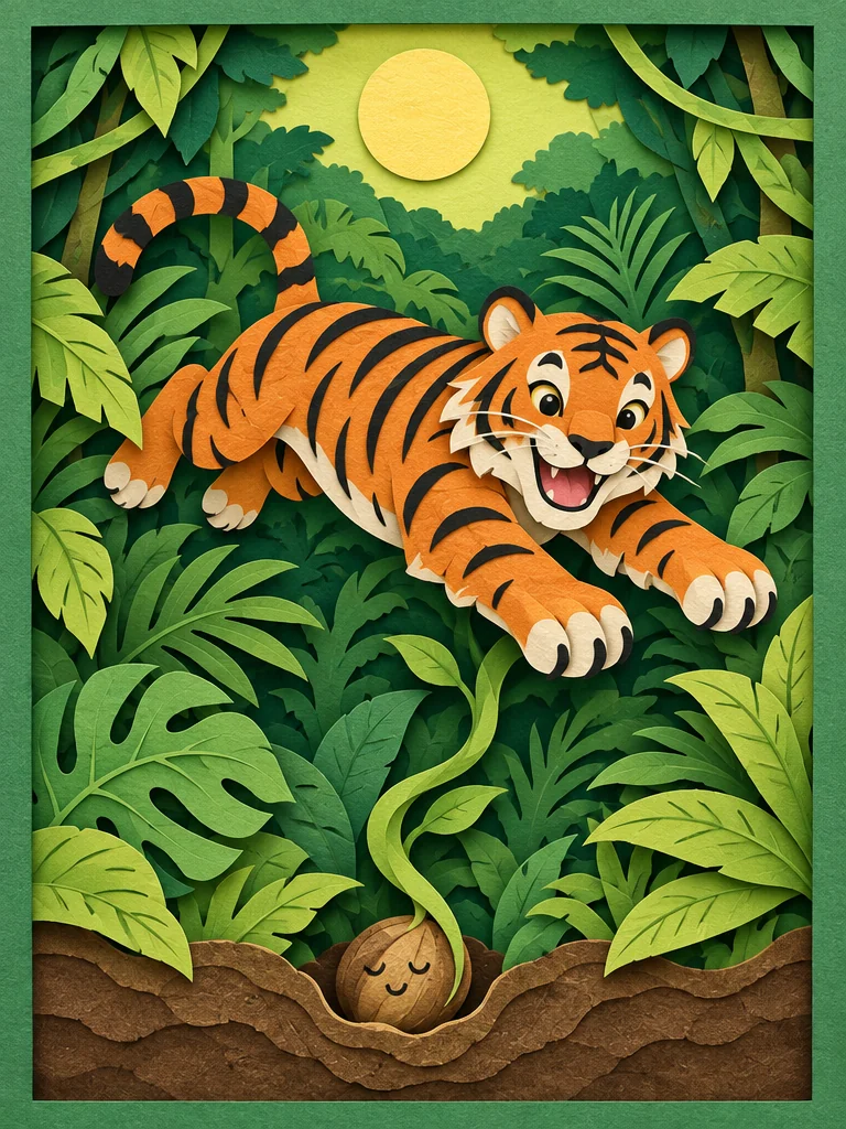 Layered paper-cut diorama: a sleeping seed in the soil sprouts into a paper jungle where an orange tiger leaps