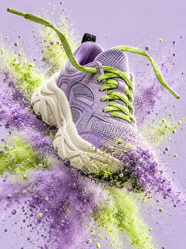 Lilac running sneaker with lime laces kicking out of a cloud of lilac and lime powder