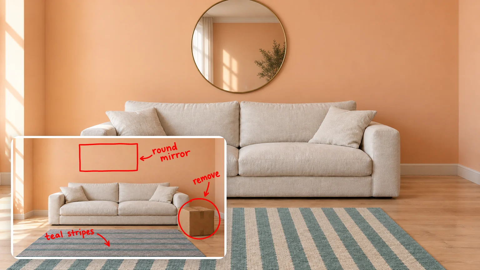 The living room after the edit: a round mirror on the wall, no cardboard box and a teal striped rug. A corner card shows the original photo marked in red pen: a box on the bare wall labeled round mirror, a circle around the box labeled remove and an arrow to the rug labeled teal stripes