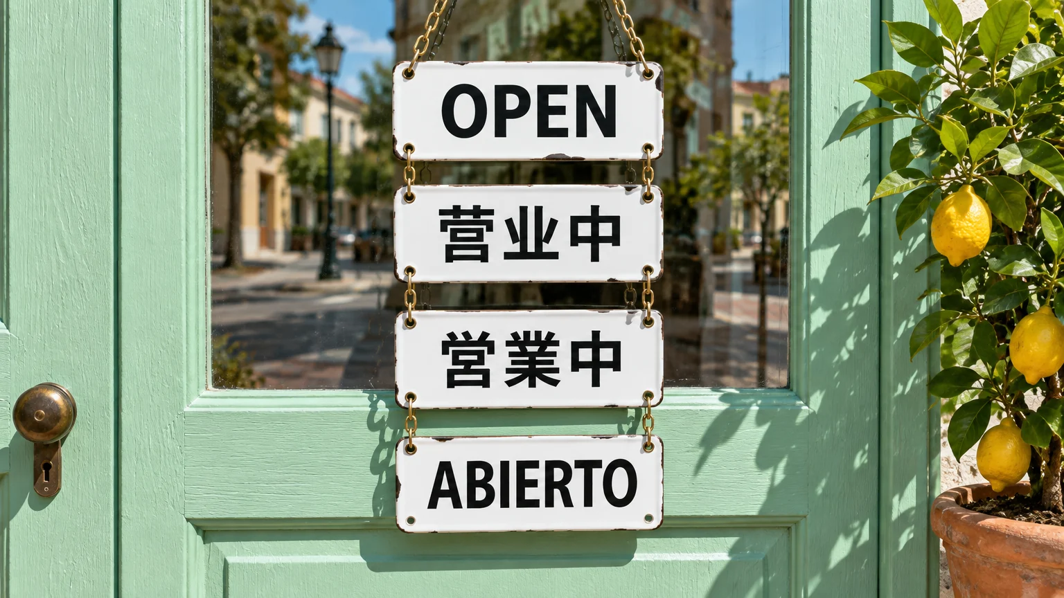 Shop door with hanging signs that read OPEN, 营业中, 營業中 and ABIERTO