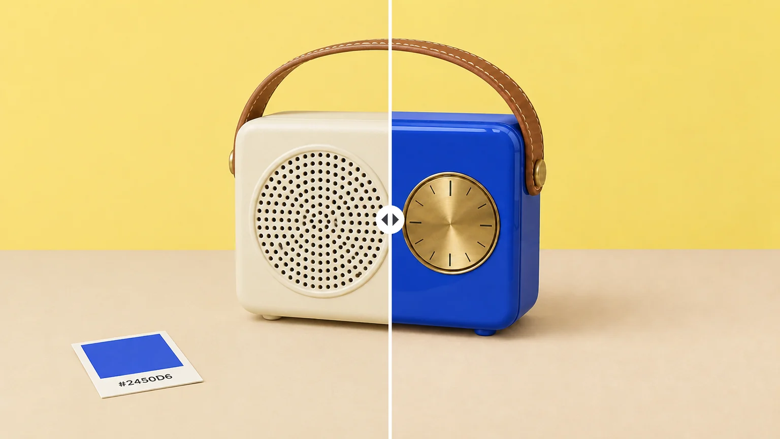 Split view of one portable radio: the left half in cream plastic beside a #2450D6 swatch card, the right half in glossy cobalt blue