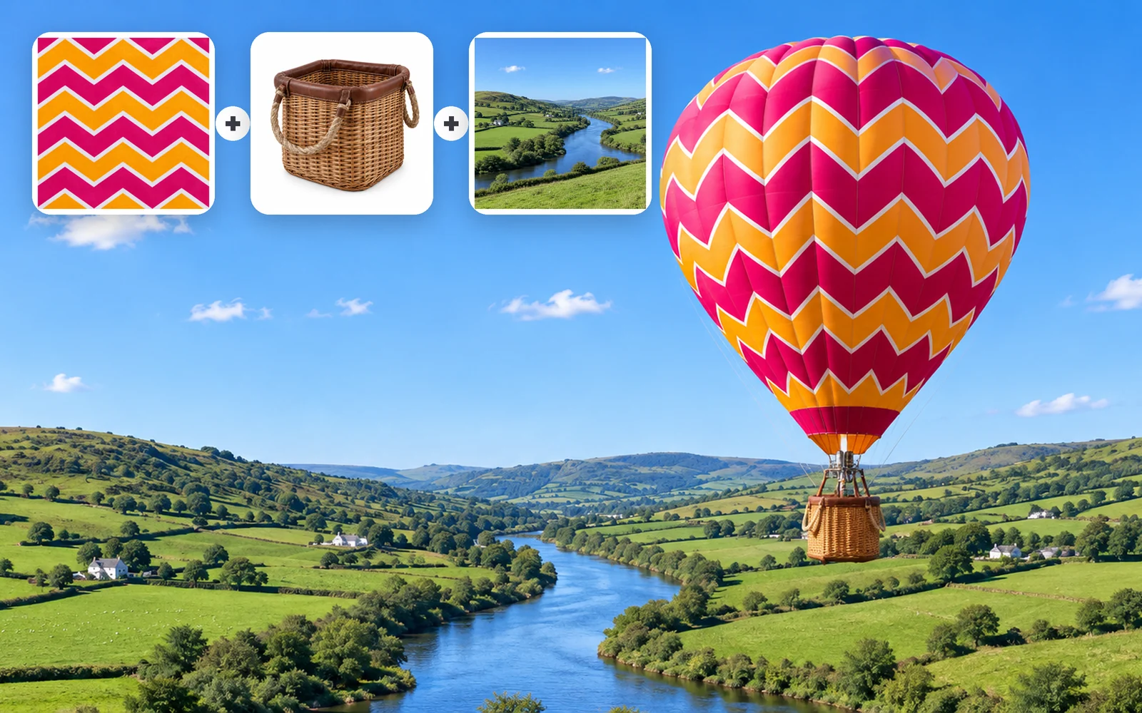 Hot-air balloon with a magenta and orange chevron envelope rising over a green river valley; corner cards show the pattern swatch, wicker basket and valley photo used as references